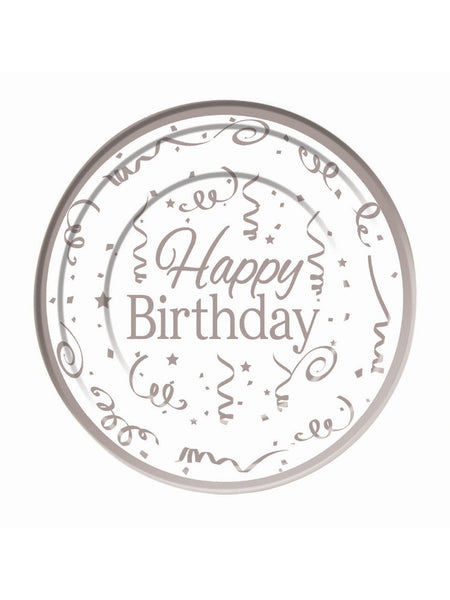 10 Pack Silver Happy Birthday Plastic Plate