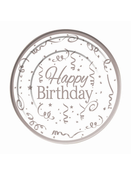 10 Pack Silver Happy Birthday Plastic Plate