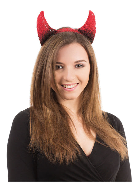 Black & Red Devil Horns On Headband Costume Accessory