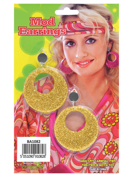 Gold Mod Glitter Earrings Costume Accessory