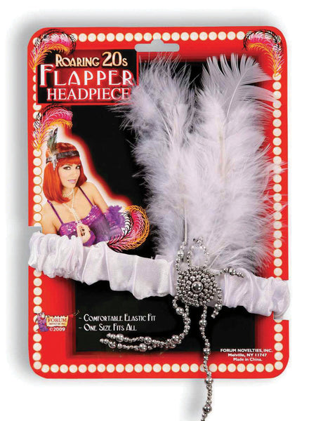 White Flapper Headbands & Feathers Costume Accessory