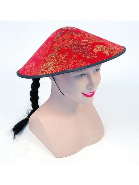 Red Chinese Coolie Hat & Plait