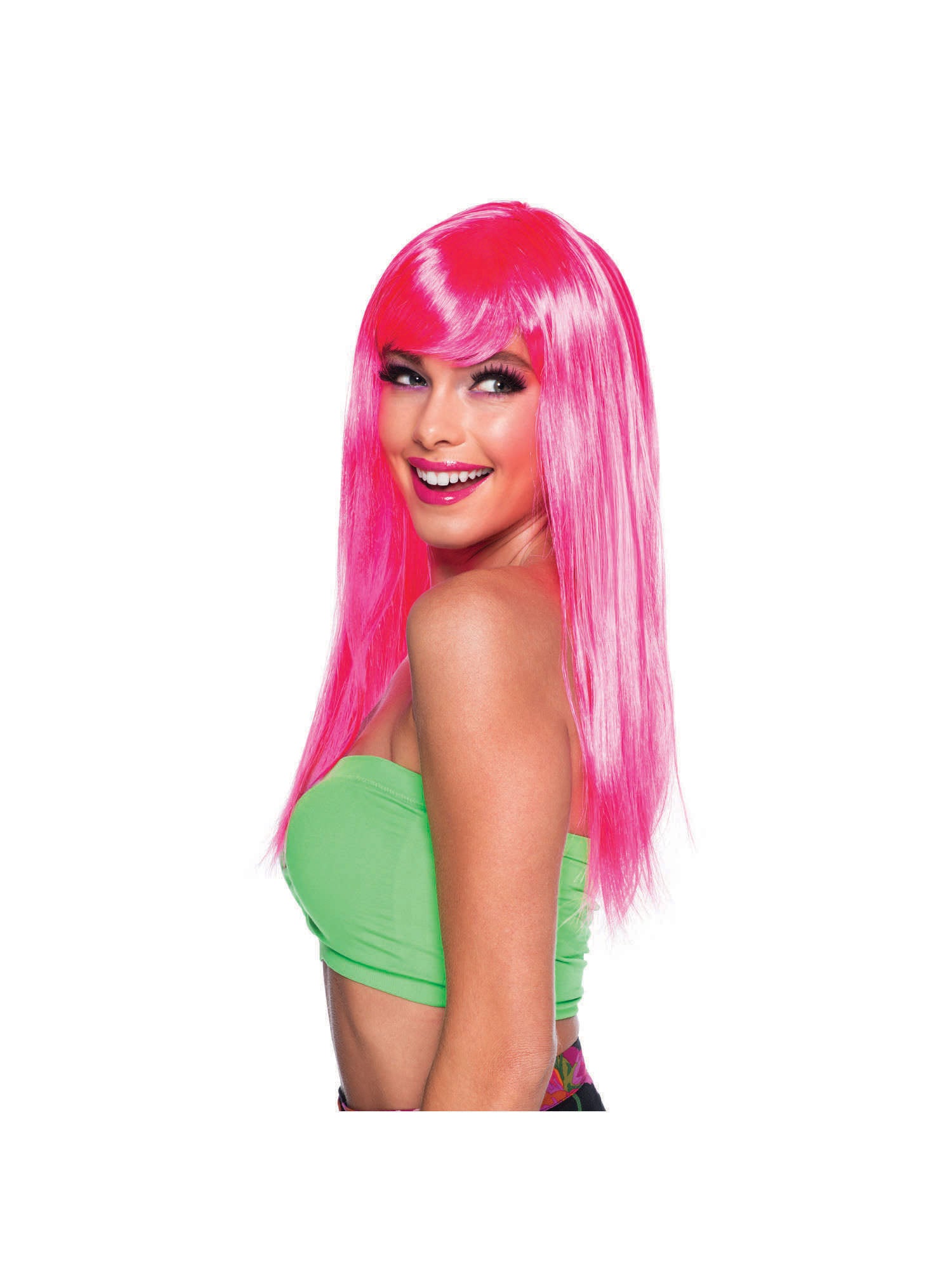 Long Pink, Neon Pink, Generic, Wig, One Size, Side