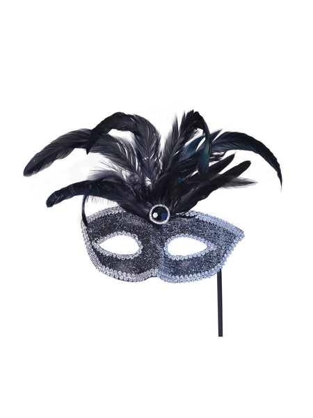 Black Mask with Silver Trim & Feathers On Stick